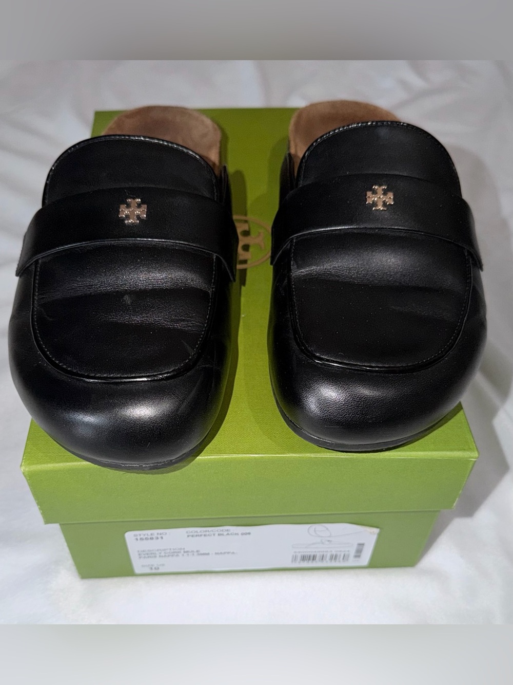 Tory Burch Everly Black Leather Cork Mules with Gold Logo